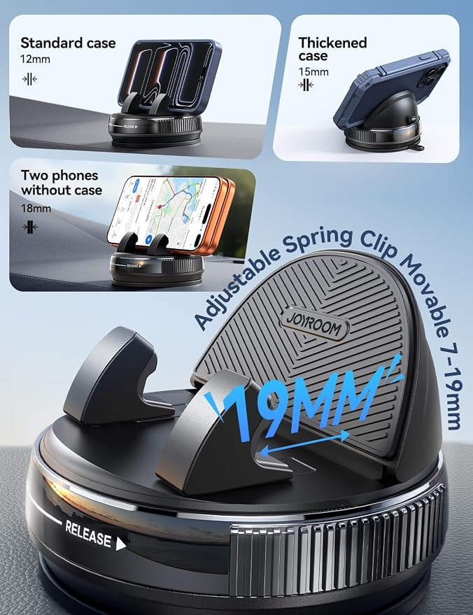 Car Phone Holder Mount, [360° Rotation+Thick Case Friendly] Cell Phone Car Mount with Adjustable Spring Clip, Universal Dashboard Phone Holder Anti-Slip Silicone for iPhone (Black)