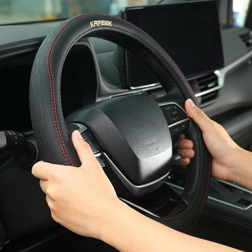 15 inch Steering Wheel Cover, Breathable Perforated Microfiber Leather, Sporty Diamond Texture, Anti-Slip Red Stitching Car Steering Wheel Protector, Universal Fit for Cars SUVs Trucks, Black