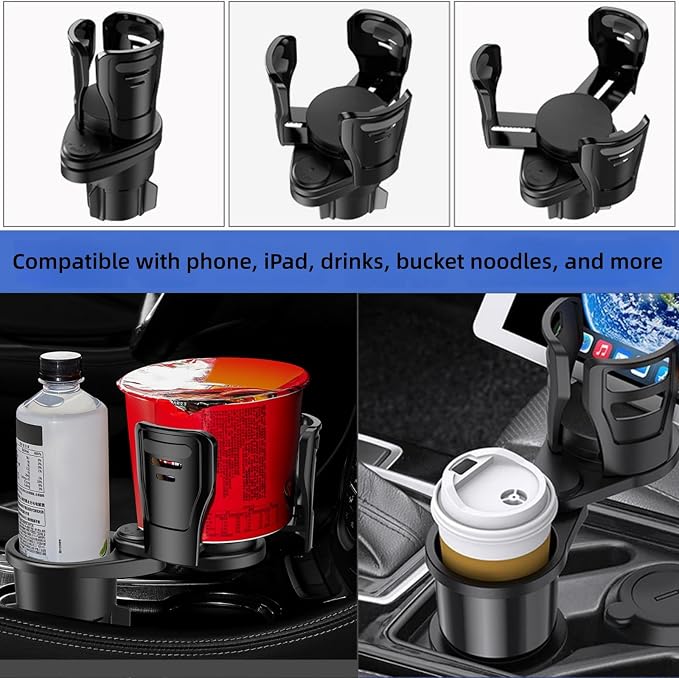 Car Cup Holder Expander 2 in 1，Expandable Cup Holder with 360°Adjustable Base，Compatible with Hydro Flask, Yeti, Nalgene, Other Large Bottles Drinks Mugs, Expandable to 2.87"-6" (Black)