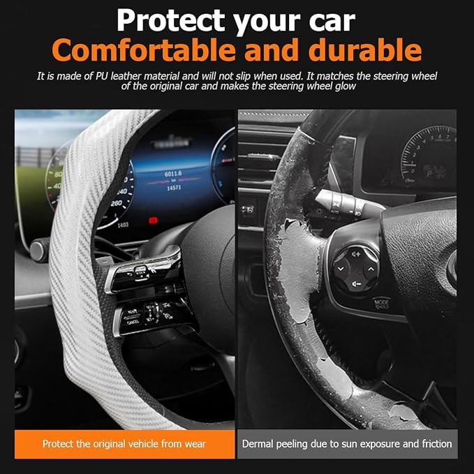 Car Steering Wheel Cover with Comfort Grip, 14.5-15" Carbon Fiber Laser Non-Slip Steering Wheel Protector, Cool Stylish Auto Interior Decor Accessories, Universal for Van SUV Sedan (White)