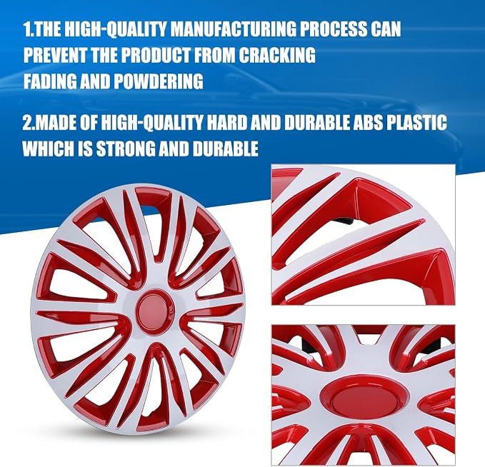 4-Pack 15 Inches Wheel Rim Cover Hubcaps,Redesign Fashion Style Replacement Hubcaps,Car Truck SUV Hub Accessories, White&Red