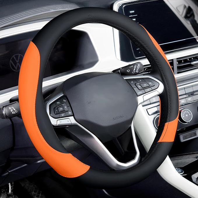 Coverado Car Steering Wheel Cover, Nappa Leather Black & Orange Steering Wheel Covers for Women, Universal 14-15 inch, Anti-Slip, Breathable Steering Wheel Protector