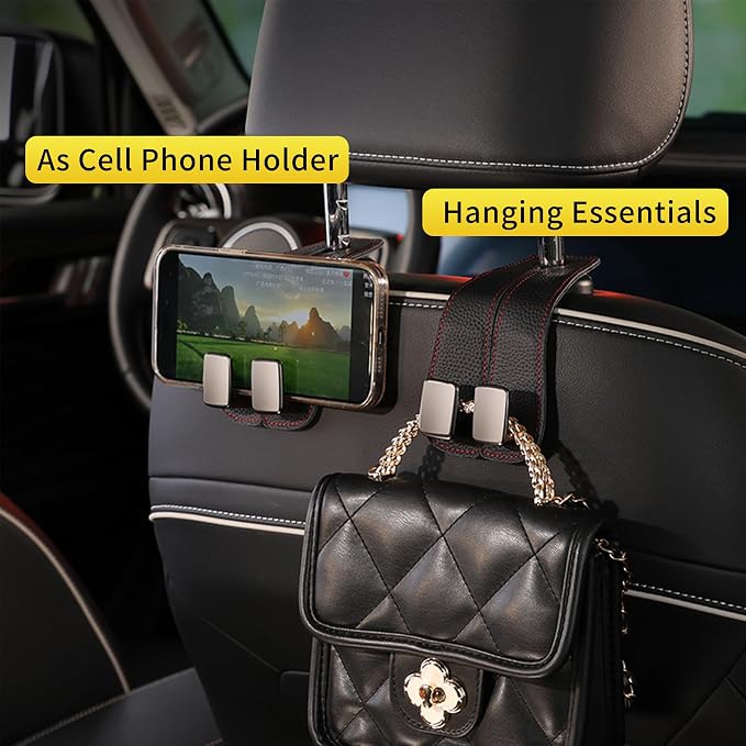 Car Purse Hook, Genuine Leather Car Seat Back Storage Hook, Purse Hook for Car Headrest, Twin Hook Leather Car Headrest Hangers, Bag Hook for Car, Trucks, SUVs, Most Vehicles (Black-2 PCS)
