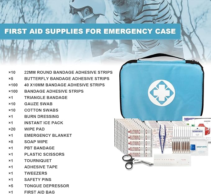 Home Car First Aid Kit Refill Supplies for Business 300Pcs Emergency Kits Urgent Essential for Workpalce Outing Skating Waterproof First Aid Blue Bag for Backpacking