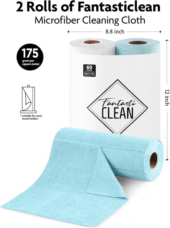 Microfiber Cleaning Cloth Roll -60 Pack, Tear Away Microfiber Towels, 12" x 12", Reusable, Washable, Scratch Free, Ultra Absorbent Dishcloth for All-Around Cleaning (White & Blue)