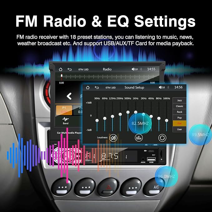 Single Din Carplay Android-Auto-Car-Radio 7-inch Flip Out Touchscreen | Type-C&USB Bluetooth Backup Camera FM/RDS MP5 Player 【Manual screen】
