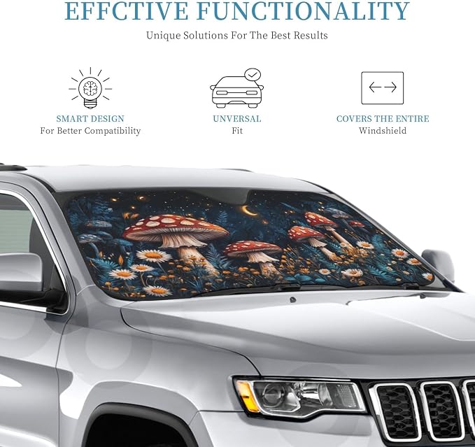 Windshield Sun Shade Mushroom Forest Vintage Moon Car Front Window Sunshade Cover for Truck SUV Blocks UV Rays Automotive Visor Interior Protector 51 x 27.5 inch