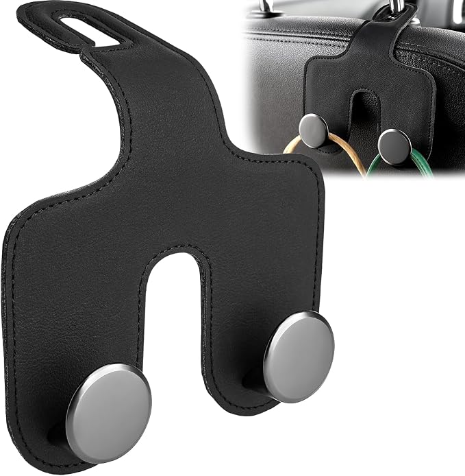 Car Headrest Hook, Bags Hanger for Car, Leatehr Car Double Hooks for Purses and Bags, Car Hanger Storage Holder for Handbag Coat Umbrella, Car Inside Accessories