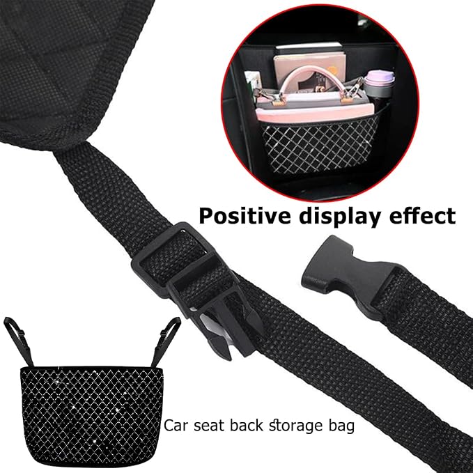 Bling Car Net Pocket Handbag Holder, Rhinestone Vehicle Backseat Purse Organizer Between Seats, Diamond Hanging Storage Bag Barrier of Pet Kids, Universal Automotive Accessories (Black)