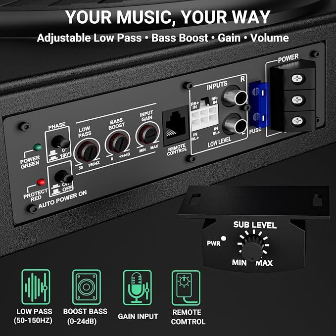 Car Underseat Subwoofer Amp – 10" 1200W RGB, fits SUV/Truck,Scorpion | Powered sub and amp package with adjustable gain, bass boost & low pass, plus beat-synced RGB lighting for under-seat install