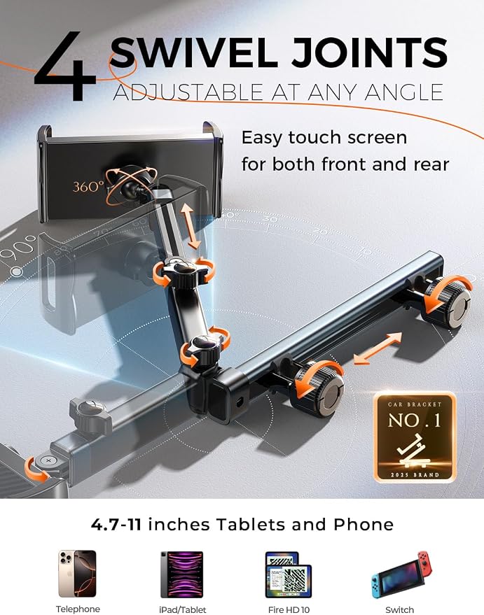 for iPad Holder Car Tablet Mount, Road Trip Essentials Toddler Kids Travel Gifts, Car Accessories for Women Interior Organizer Mens Truck 3in1 Tablet Holder for Car Camping Back Seat Headrest