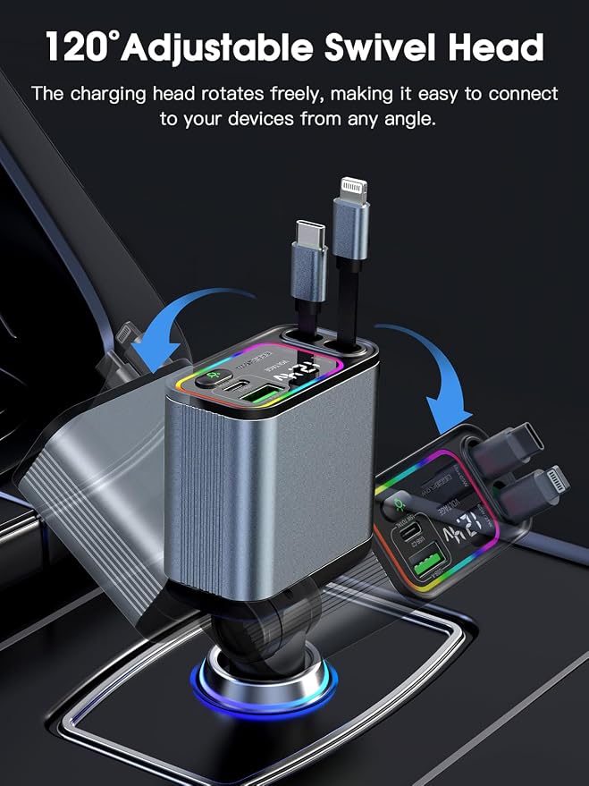 Retractable Car Charger USB C & Lightning, 107W Fast Charging Type-C Car Charger with Built-in Lightning Cable, Compatible with iPhone 17/16/15/Air, Samsung S24/S23/S22, Pixel 9/8/7 - Grey