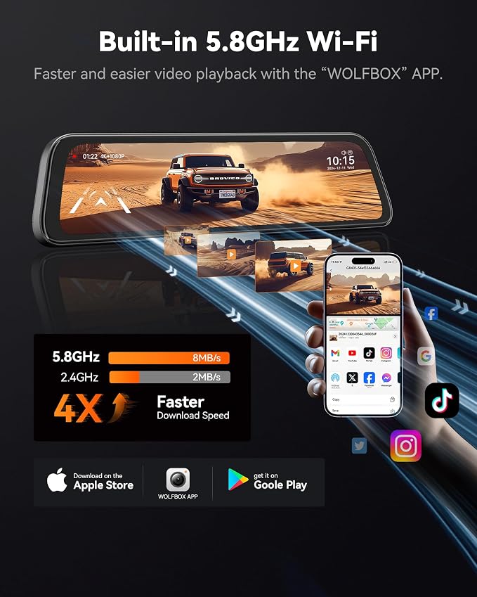 G840S 12" 4K Mirror Dash Cam Backup Camera, 5.8GHz WiFi Smart Rearview Mirror for Cars & Trucks, Front and Rear View Dual Cameras, Night Vision, Parking Assistance, Included 32GB Card & GPS