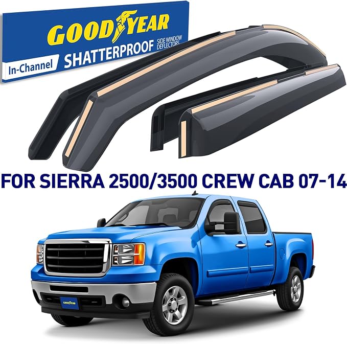 Goodyear Shatterproof in-Channel Window Deflectors for Trucks GMC Sierra 2500HD/3500HD 2007-2014 Crew Cab, Rain Guards, Window Visors, Vent Deflector, Truck Accessories, 4pcs- GY003400LPv2