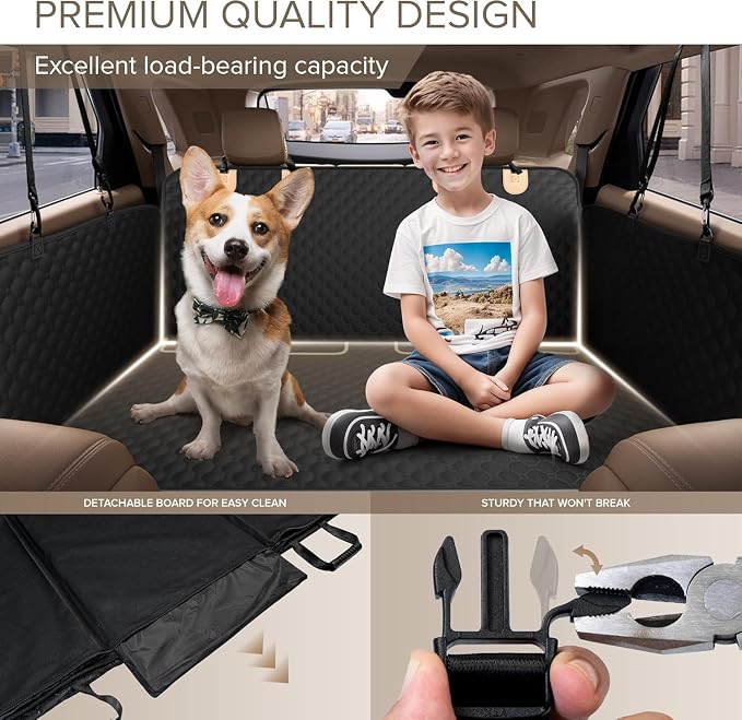 Back Seat Extender for Dogs, Heavy Duty Dog Car Seat Cover for Back Seat and Aggressive Chewer, Large Hard Bottom Seat Cover for Dogs, Dog Hammock for Car, Travel Pet Bed for Car, SUV, Truck