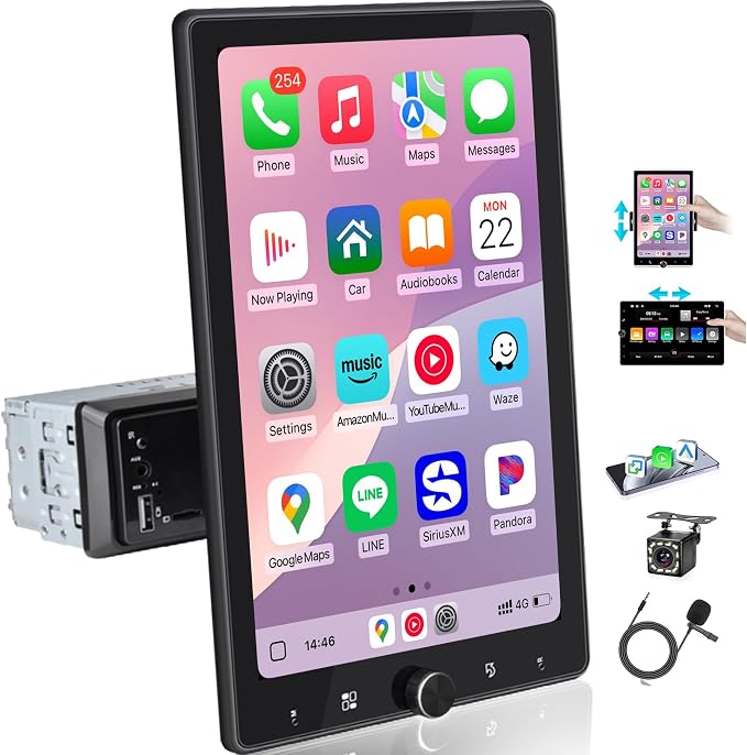 10.4" Rotatable Single Din Car Stereo Touchscreen Radio Wireless CarPlay Android Auto, Bluetooth 5.2 WiFi6 HD 1280 * 800 IPS Display with Backup Camera