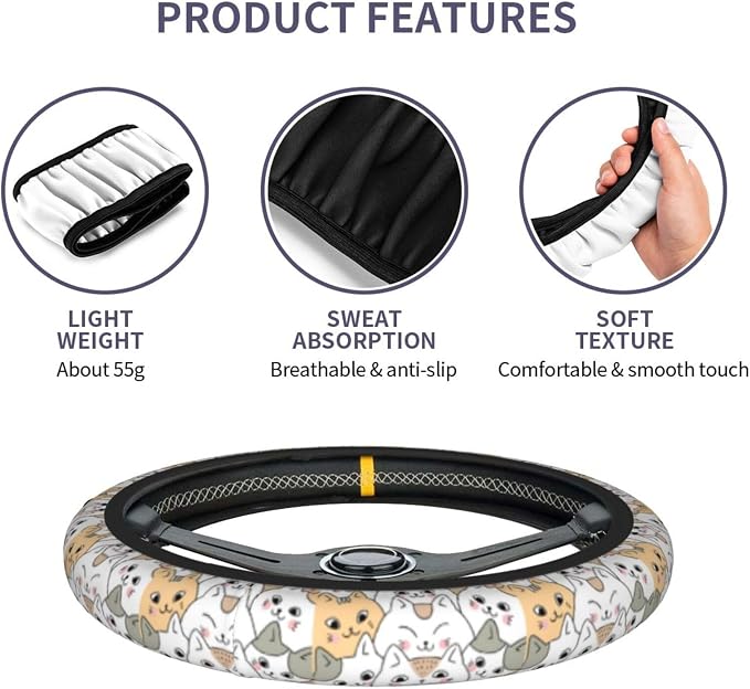 Cat Steering Wheel Cover Anti-Slip Universal for 14.5-15 Inch Car Steering Wheel Cover Women with 2 Pieces Car Coasters Suitable for Men Women