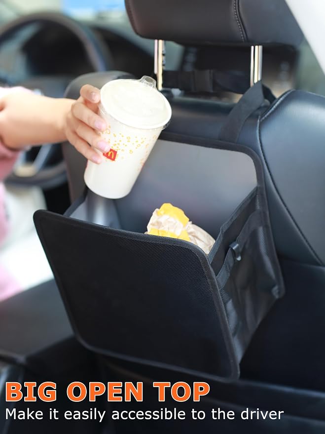 2 Gallons Open-Top Car Trash Can, Hanging Leakproof Car Trash Bag with Water-proof PEVA Liner, Stand Trash Bag for Cars Foldable Automotive Garbage Can for Cars SUV Truck RV Black