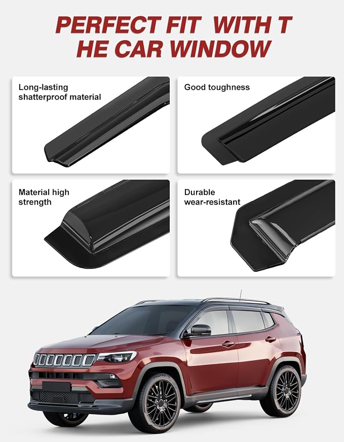 Outside-Mount Window Rain Guards Fit for Jeep Compass 2017-2026, Extra Durable Window Visors Wind Deflector Dark Smoke Vent Shades Car Tape-on with Thicker-6 PCS