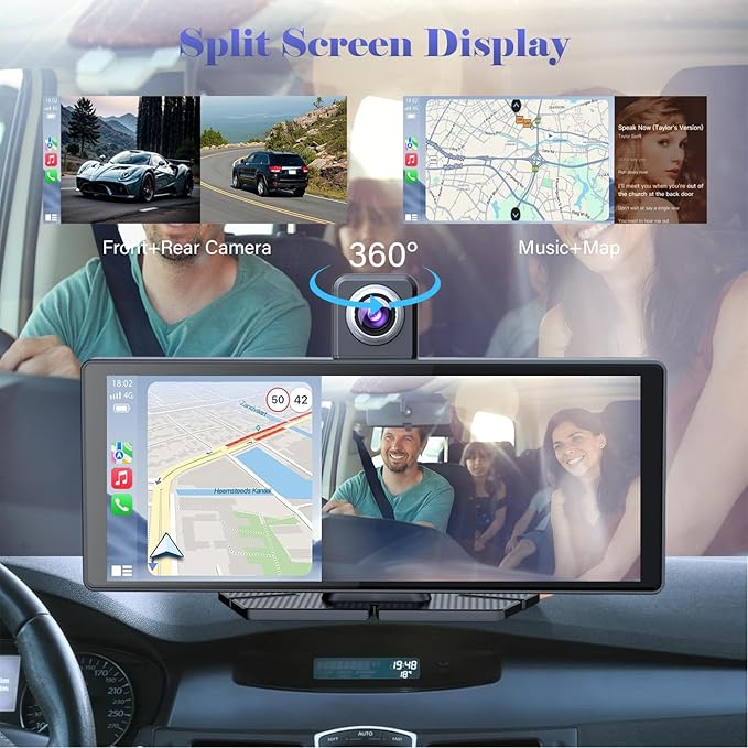 10.26" Wireless Portable Carplay Screen CarPlay & Android Auto Car Stereo 360 Rotation 4K Dash Cam 1080p Rear Camera Mirror Link Voice Control GPS Navigation(SD Card Excluded)