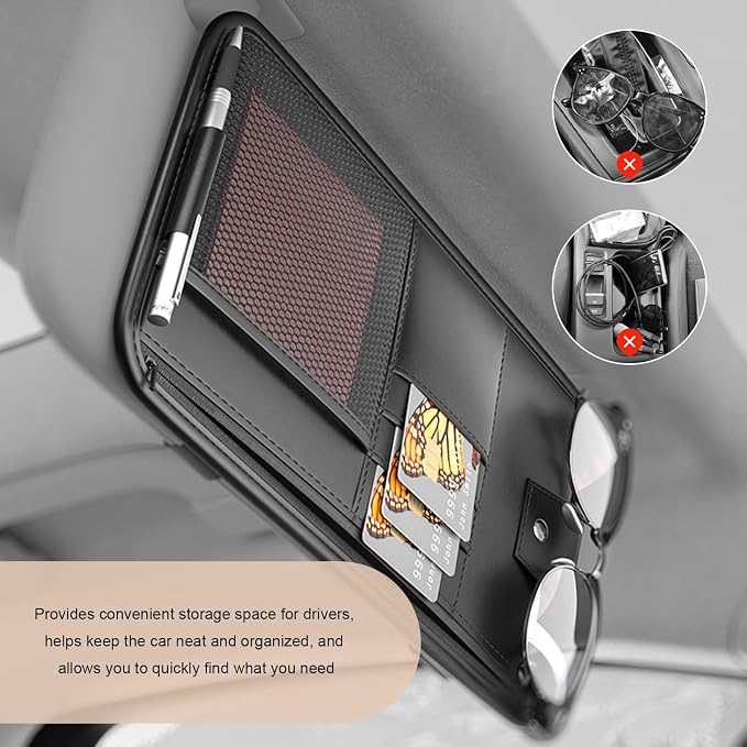 Car Sun Visor Organizer, PU Leather Multi-Pocket Visor Storage Pouch with Zipper, Auto Interior Document Holder Sunvisor Card Sleeve Pocket Organizer for Driving License Pen Key (Brown)