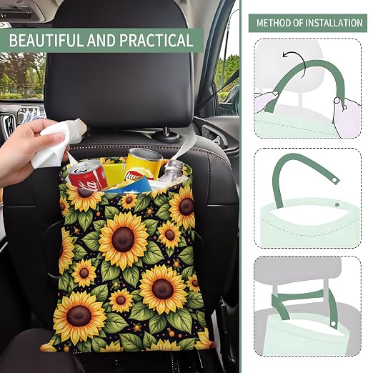 Cute Car Trash Can, Hanging Canvas Car Back Seat Organizer and Storage Bag, Funny Car Trash Bag for Travelling, Outdoor Cute Sunflower