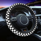 Racing Flag Steering Wheel Cover - 15 Inch Black White Checkered Steering Wheel Cover Anti-Slip Universal Checkered 2 Pcs Car Interior Cup Holder Pad for Men Women