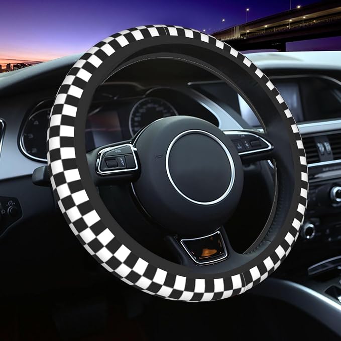 Racing Flag Steering Wheel Cover - 15 Inch Black White Checkered Steering Wheel Cover Anti-Slip Universal Checkered 2 Pcs Car Interior Cup Holder Pad for Men Women