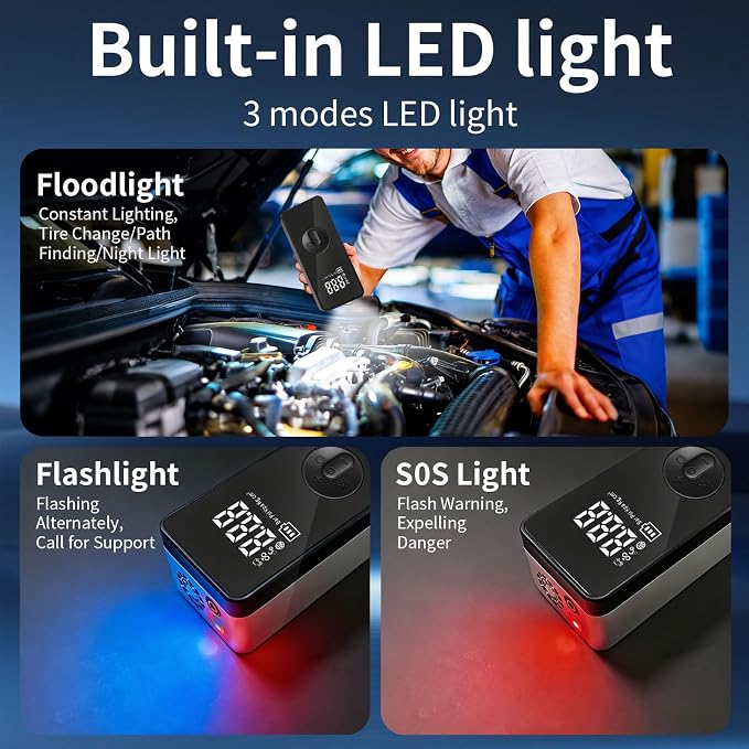 8000A Jump Starter with Air Compressor - 12V Portable Car Battery Booster Pack (Up to 6.0L Gas/3.0L Diesel), 150 PSI Tire Inflator with Detachable Hose, 80000mAh Power Bank for Phones & Tablets