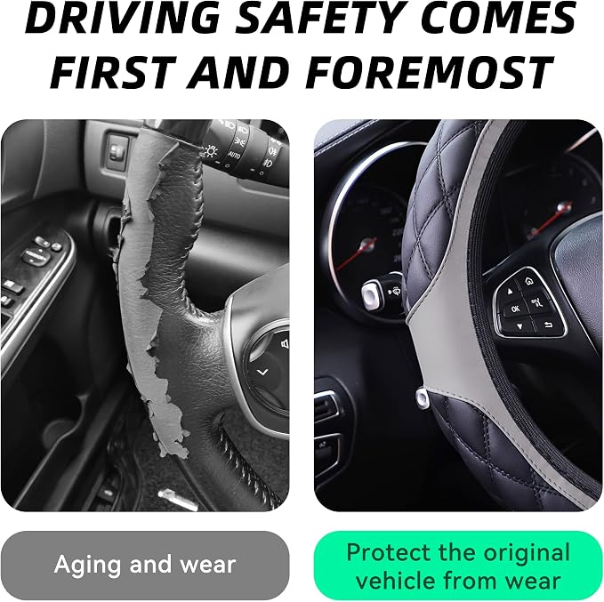 15 Inch Car Leather Steering Wheel Cover, Automotive Accessories Elastic Breathable Anti-Slip Soft Wheel Protector Fits Men and Women, Suitable for SUVs, Trucks, Vehicles and RVs (Gray)