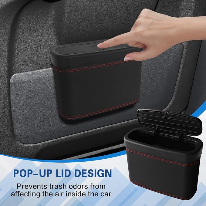2PCS Car Trash Can with Lid, Press-Top Car Trash Bin with 30PCS Cars Trashs Bags, Small Automotive Dustbin Garbage Container Universal Fit Most Cars Office Home (2pcs-Black)