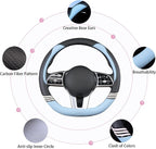 14 inch Cute D Shaped Steering Wheel Cover for Women Men Faux Leather and Carbon Fiber,Black and Blue