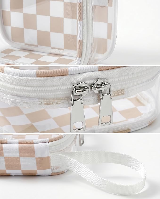 Preppy Clear Makeup Bag Travel Cosmetic Case Transparent Khaki and Beige Checkered Toiletry Bag with Zipper,Portable Mini Make Up Organizer Traveling Compact Car Bag for Essentials