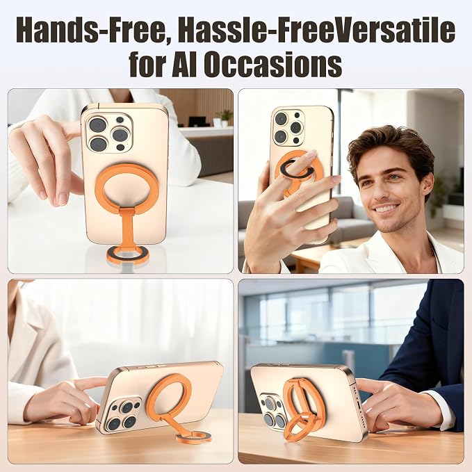 Magnetic Phone Ring for MagSafe Dual-Sided Magnetic Phone Grip Magnet Phone Stand Grip Compatible with iPhone 17/16/15/14/13 Pro Max Plus Mag Safe Accessory for Car Mounts (Orange)
