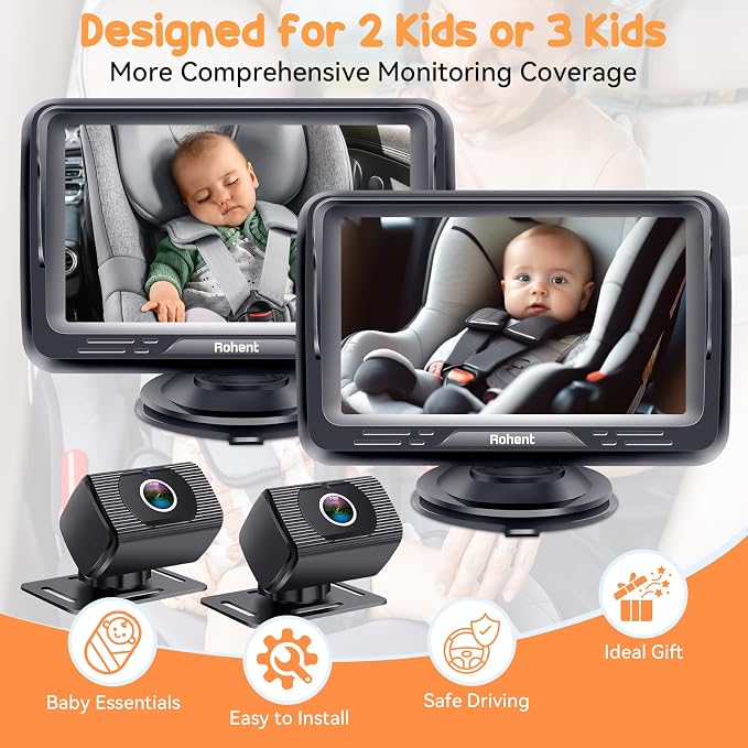 Baby Camera for Car 2 Pack - Dual HD 1080P Monitors with Night Vision, Adjustable Angles, Glare-Free Display, Easy Installation for Two Vehicles, Ideal for Road Trips