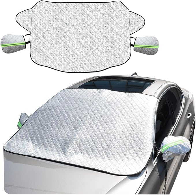 Car Windshield Snow Cover with Side Mirror Cover, 4 Layers Winter Frost Protection for Any Weather, Windscreen Covers with Magnetic Edges, Front Window Automotive Covers for Car SUV Trucks