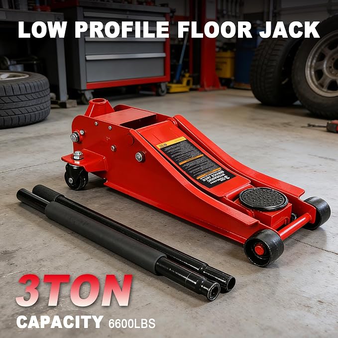 3 Ton Floor Jack, 6600LBS Capacity Hydraulic Car Jack, Low Profile Portable Jack with Dual Pumps, Quickly Lift Steel Service Jack, Lifting Range 3-1/8" Min to 20" Max Red