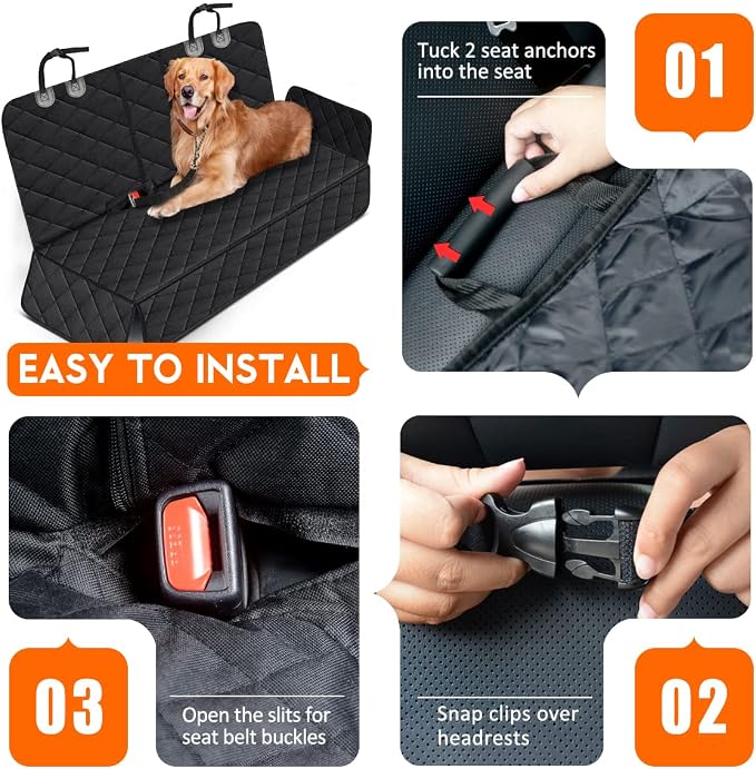 Dog Car Seat Cover, Back Seat Cover for Dogs Pet Car Seat Protector Waterproof Rear Seat Cover Durable Car Seat Cover, fits Middle Armrest for Most Cars SUVs Trucks (53” Width)- Black