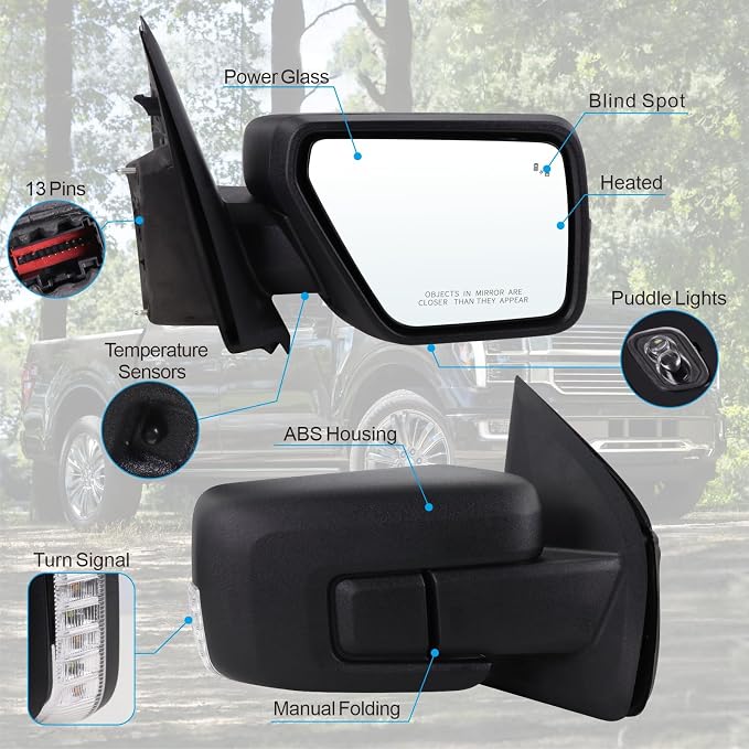 Right Passenger Side Mirror Fits 2021-2026 Ford F150 With Manual Folding Power Glass Heated Blind Spot Turn Signal Puddle Light Temperature Sensors Matte Black Replace#ML3Z17682SA(13Pins)