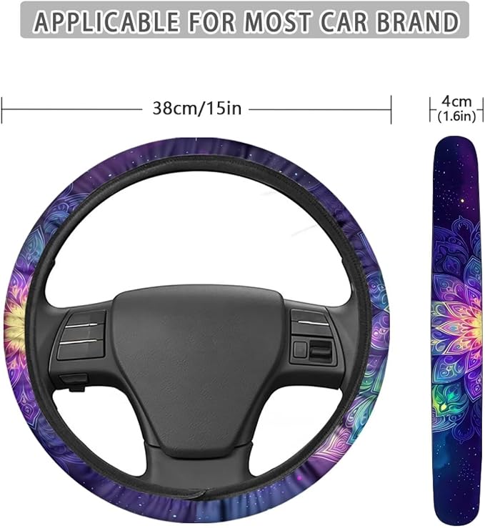 Automotive Steering Wheel Covers Universal Fit 14 to 15 inch, Purple Bohemian Flower Steering Wheel Protector with Cloth for Women Keep Warm Comfort Grip Sweat Absorption Neoprene