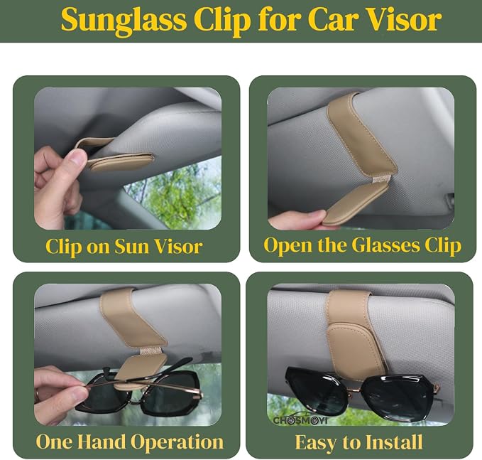 CHOSMOYI Magnetic Leather Sunglass Holder for Car, Sunglasses Clip for Car Visor, Auto Interior Accessories Universal for Different Size Eyeglasses (Beige)