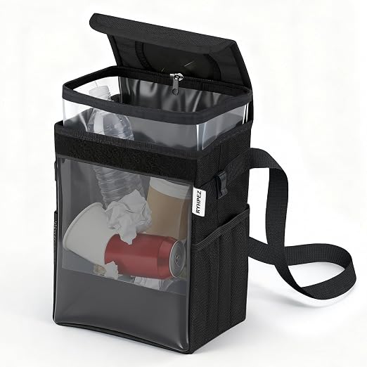 Car Trash Can with See Through Window, Clear Black Multipurpose Car Organizer Storage with Removable Liner, Leakproof Car Garbage Container for Vehicles, SUV, Truck (2.1Gallon/8L)