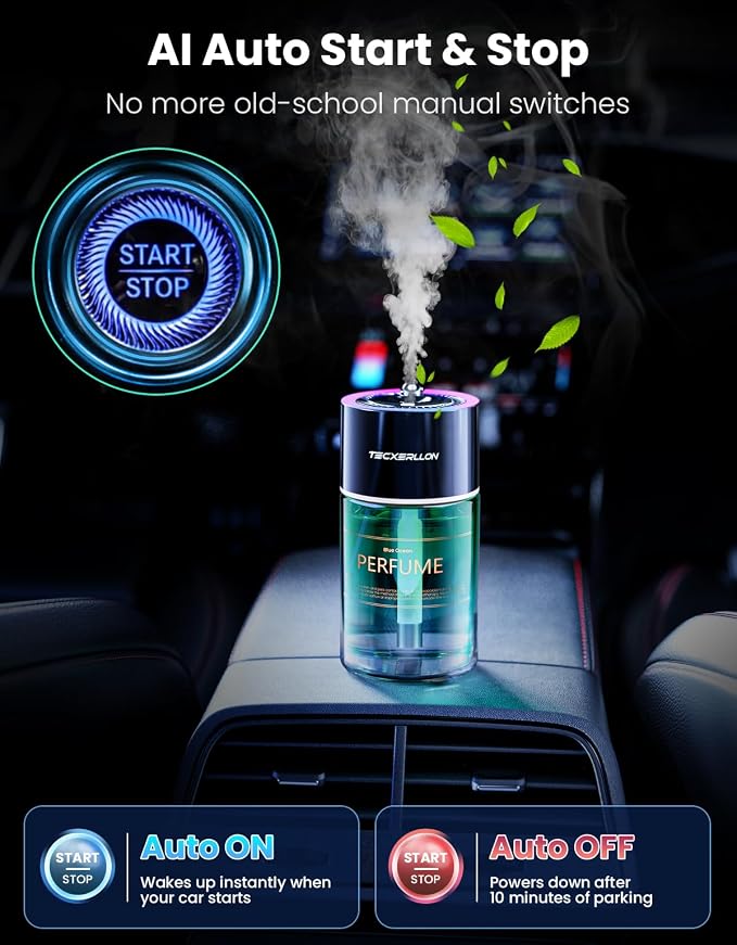 Smart Car Air Freshener Diffuser with Star Light, 120ml Essential Oil, Auto On/Off, 4 Mist Modes, Long Lasting Rechargeable Aroma Diffuser Aromatizante Para Carro for Home, Office-Ocean
