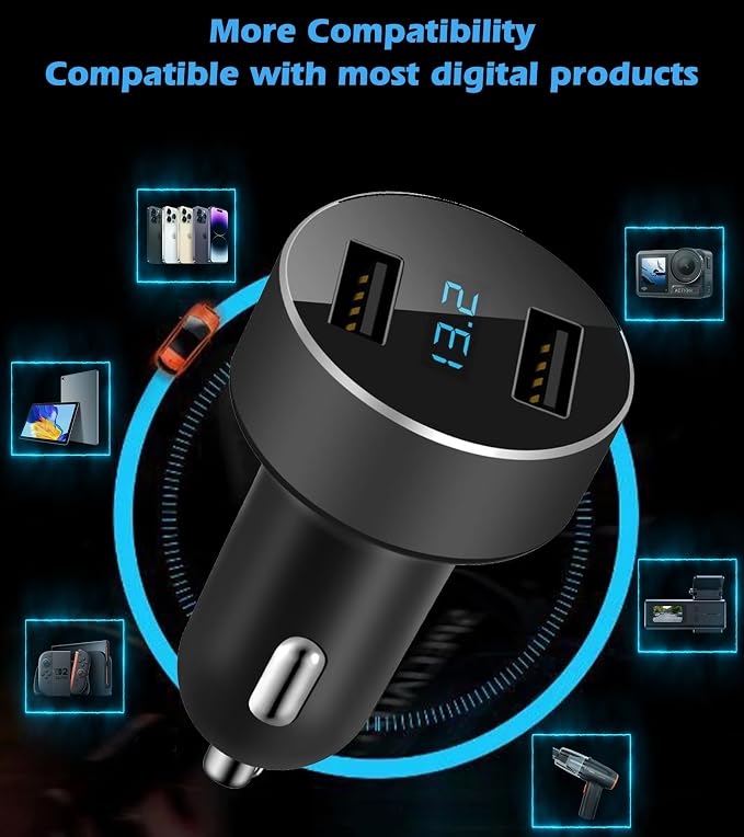 2 USB Car Charger,12V/24V Voltage Meter, Black | Cigarette Lighter USB Adapter with LED Voltage Meter, 12V/24V Car Charger compatible for iPhone, Samsung, iPad, GPS, Dash Cam