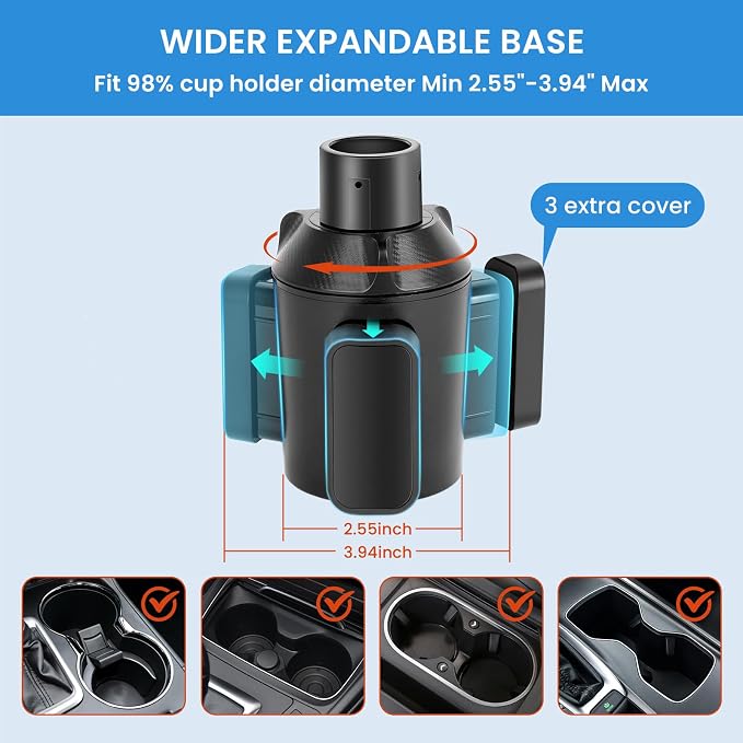 Cup Holder Expander for Car with Adjustable Holder & Base, Compatible with 10 to 64 oz Yeti Ramblers, Stanley, Hydro Flask, Nalgene, Hold 2.9" to 5.5" Large Bottles Mugs Food Drink, Car Cup Holder