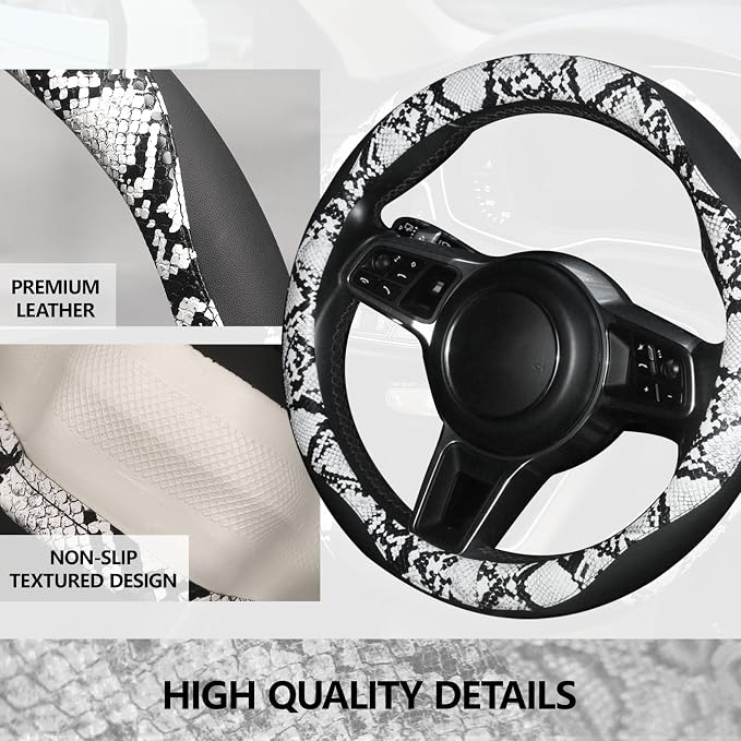 Snake Skin Steering Wheel Cover, Breathable Microfiber Leather Universal 14.5-15 inch, Anti-Slip Car Steering Wheel Protector for Women Men, Black&White