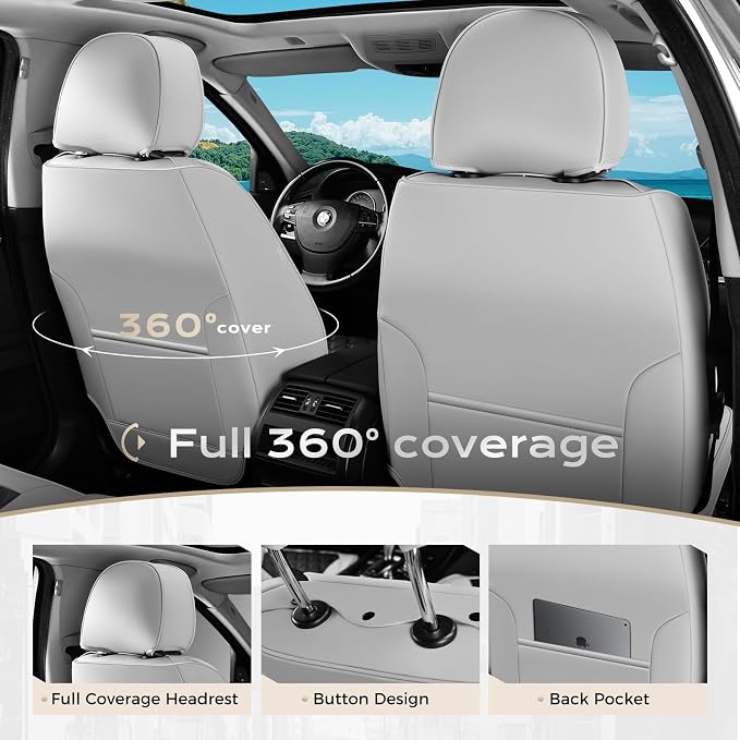 Coverado Universal Car Seat Covers Full Set, Luxury Stain-Resistant Waterproof Faux Leather Front & Rear Seat Protectors, Elegant Easy-Clean Automotive Interior – WhiteBlack