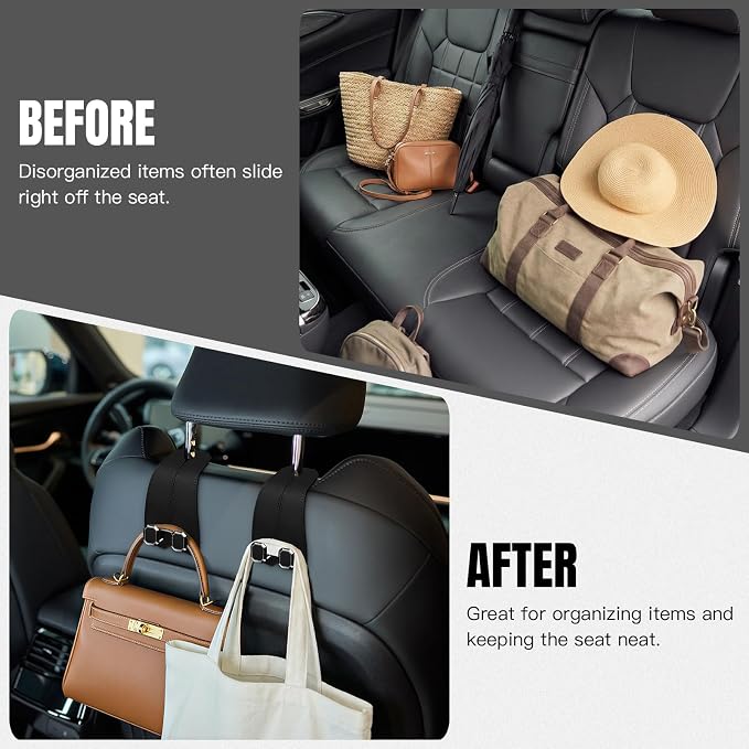 2PCS Car Hooks for Headrest, Faux Leather Purse Hook for Car Seat Back Organizers and Storage, Double Metal Purse Holder Bag Hanger, Universal Car Interior Accessories for Women Man