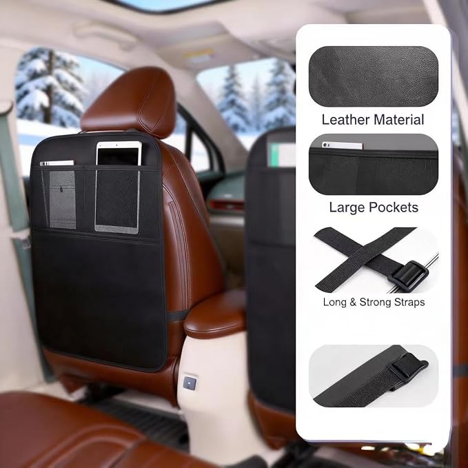 2 Pack Leather Car Seat Protector - Thick Back Seat Cover for Kids, Kick Mats with Storage Pockets, Protects from Scratches, Spills & Shoes (Easy Clean) (2 Pack 23x17in)