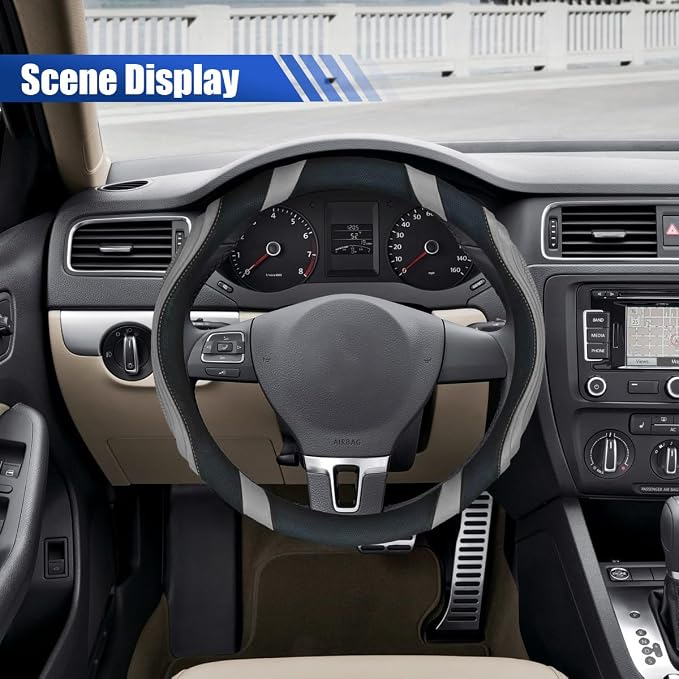 Car Steering Wheel Cover, 15 Inch Leather Anti-Slip Breathable Automotive Steering Wheel Protector, Universal Heat Resistant Vehicle Interior Accessories Cars, SUVs, Trucks(Gray)